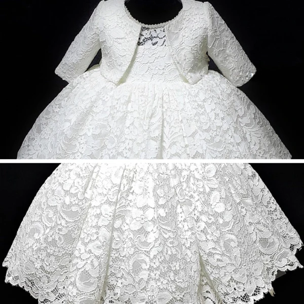 Classic White Lace Flower Girl Dresses With Shawl 2020 Ball Gown Scoop Neck Sleeveless Beading Bow Short Ruffle Wedding Party Dresses