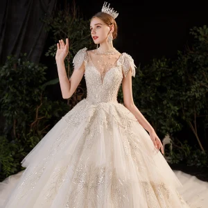 Magnífico Champán Transparentes Boda Vestidos De Novia 2020 Ball Gown Cuello Alto Sin Mangas Sin Espalda Hecho A Mano Lentejuelas Rebordear Perla Glitter Tul Royal Train Ruffle
