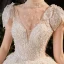 Luxus / Herrlich Champagner Durchsichtige Hochzeits Brautkleider / Hochzeitskleider 2020 Ballkleid Stehkragen Ärmellos Rückenfreies Handgefertigt Pailletten Perlenstickerei Perle Glanz Tülle Königliche Schleppe Rüschen