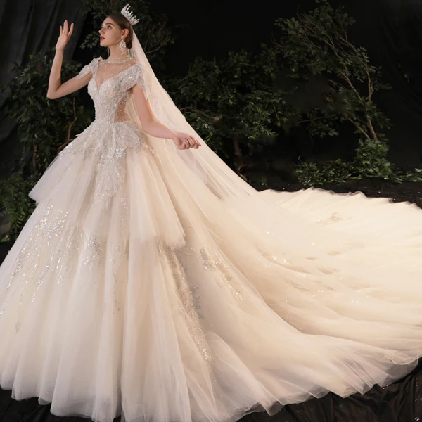 Luxus / Herrlich Champagner Durchsichtige Hochzeits Brautkleider / Hochzeitskleider 2020 Ballkleid Stehkragen Ärmellos Rückenfreies Handgefertigt Pailletten Perlenstickerei Perle Glanz Tülle Königliche Schleppe Rüschen
