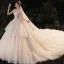 Luxus / Herrlich Champagner Durchsichtige Hochzeits Brautkleider / Hochzeitskleider 2020 Ballkleid Stehkragen Ärmellos Rückenfreies Handgefertigt Pailletten Perlenstickerei Perle Glanz Tülle Königliche Schleppe Rüschen