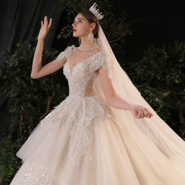 Luxus / Herrlich Champagner Durchsichtige Hochzeits Brautkleider / Hochzeitskleider 2020 Ballkleid Stehkragen Ärmellos Rückenfreies Handgefertigt Pailletten Perlenstickerei Perle Glanz Tülle Königliche Schleppe Rüschen