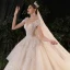 Luxus / Herrlich Champagner Durchsichtige Hochzeits Brautkleider / Hochzeitskleider 2020 Ballkleid Stehkragen Ärmellos Rückenfreies Handgefertigt Pailletten Perlenstickerei Perle Glanz Tülle Königliche Schleppe Rüschen