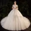 Luxus / Herrlich Champagner Durchsichtige Hochzeits Brautkleider / Hochzeitskleider 2020 Ballkleid Stehkragen Ärmellos Rückenfreies Handgefertigt Pailletten Perlenstickerei Perle Glanz Tülle Königliche Schleppe Rüschen