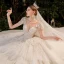 Luxus / Herrlich Champagner Durchsichtige Hochzeits Brautkleider / Hochzeitskleider 2020 Ballkleid Stehkragen Ärmellos Rückenfreies Handgefertigt Pailletten Perlenstickerei Perle Glanz Tülle Königliche Schleppe Rüschen