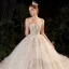 Luxus / Herrlich Champagner Durchsichtige Hochzeits Brautkleider / Hochzeitskleider 2020 Ballkleid Stehkragen Ärmellos Rückenfreies Handgefertigt Pailletten Perlenstickerei Perle Glanz Tülle Königliche Schleppe Rüschen