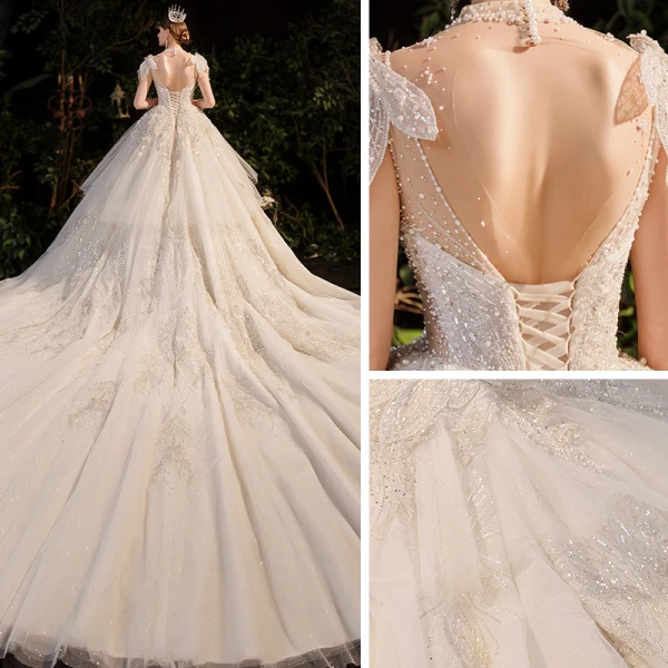 Luxus / Herrlich Champagner Durchsichtige Hochzeits Brautkleider / Hochzeitskleider 2020 Ballkleid Stehkragen Ärmellos Rückenfreies Handgefertigt Pailletten Perlenstickerei Perle Glanz Tülle Königliche Schleppe Rüschen