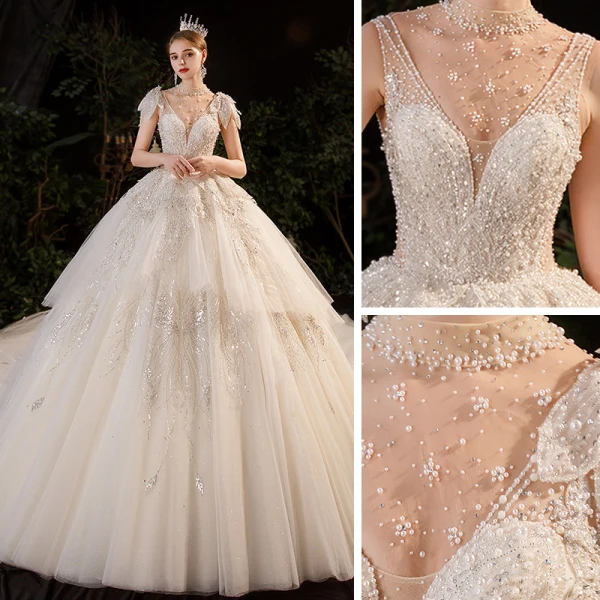 Luxus / Herrlich Champagner Durchsichtige Hochzeits Brautkleider / Hochzeitskleider 2020 Ballkleid Stehkragen Ärmellos Rückenfreies Handgefertigt Pailletten Perlenstickerei Perle Glanz Tülle Königliche Schleppe Rüschen