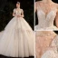 Luxus / Herrlich Champagner Durchsichtige Hochzeits Brautkleider / Hochzeitskleider 2020 Ballkleid Stehkragen Ärmellos Rückenfreies Handgefertigt Pailletten Perlenstickerei Perle Glanz Tülle Königliche Schleppe Rüschen