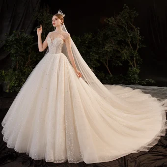 Luxury Gorgeous Champagne See Through Bridal Wedding Dresses 2020 Ball Gown High Neck Short Sleeve Backless Beading Pearl Rhinestone Glitter Tulle Cathedral Train Ruffle