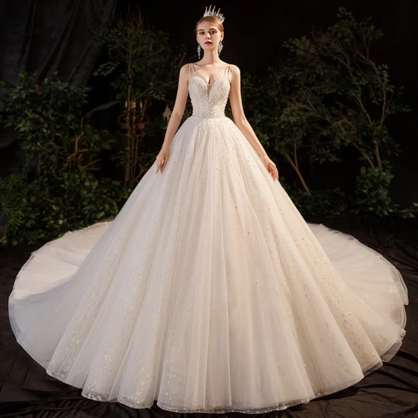 Luxury / Gorgeous Champagne See-through Bridal Wedding Dresses 2020 Ball Gown High Neck Short Sleeve Backless Beading Pearl Rhinestone Glitter Tulle Cathedral Train Ruffle
