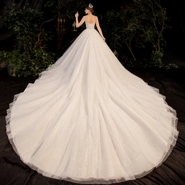 Luxury / Gorgeous Champagne See-through Bridal Wedding Dresses 2020 Ball Gown High Neck Short Sleeve Backless Beading Pearl Rhinestone Glitter Tulle Cathedral Train Ruffle
