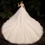 Luxury / Gorgeous Champagne See-through Bridal Wedding Dresses 2020 Ball Gown High Neck Short Sleeve Backless Beading Pearl Rhinestone Glitter Tulle Cathedral Train Ruffle