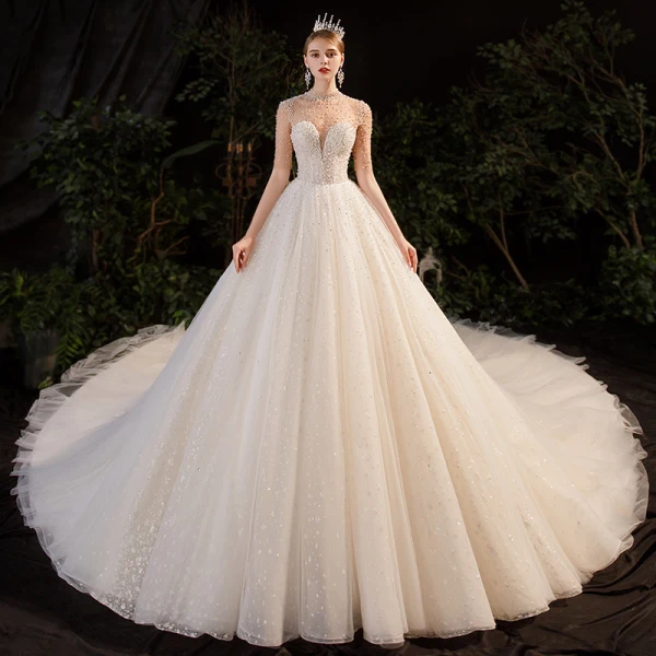Luxury / Gorgeous Champagne See-through Bridal Wedding Dresses 2020 Ball Gown High Neck Short Sleeve Backless Beading Pearl Rhinestone Glitter Tulle Cathedral Train Ruffle