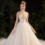 Luxury / Gorgeous Champagne See-through Bridal Wedding Dresses 2020 Ball Gown High Neck Short Sleeve Backless Beading Pearl Rhinestone Glitter Tulle Cathedral Train Ruffle