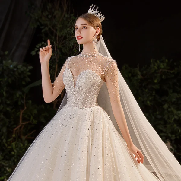 Luxury / Gorgeous Champagne See-through Bridal Wedding Dresses 2020 Ball Gown High Neck Short Sleeve Backless Beading Pearl Rhinestone Glitter Tulle Cathedral Train Ruffle