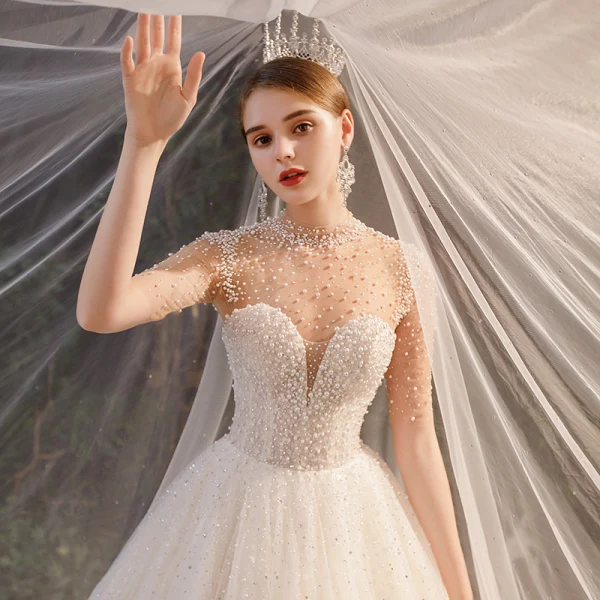 Luxury / Gorgeous Champagne See-through Bridal Wedding Dresses 2020 Ball Gown High Neck Short Sleeve Backless Beading Pearl Rhinestone Glitter Tulle Cathedral Train Ruffle