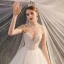 Luxury / Gorgeous Champagne See-through Bridal Wedding Dresses 2020 Ball Gown High Neck Short Sleeve Backless Beading Pearl Rhinestone Glitter Tulle Cathedral Train Ruffle