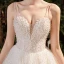 Luxury / Gorgeous Champagne See-through Bridal Wedding Dresses 2020 Ball Gown High Neck Short Sleeve Backless Beading Pearl Rhinestone Glitter Tulle Cathedral Train Ruffle
