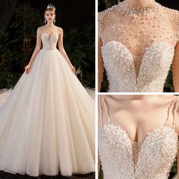 Luxury / Gorgeous Champagne See-through Bridal Wedding Dresses 2020 Ball Gown High Neck Short Sleeve Backless Beading Pearl Rhinestone Glitter Tulle Cathedral Train Ruffle