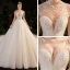 Luxury / Gorgeous Champagne See-through Bridal Wedding Dresses 2020 Ball Gown High Neck Short Sleeve Backless Beading Pearl Rhinestone Glitter Tulle Cathedral Train Ruffle