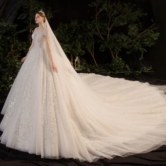 Luxury Gorgeous Champagne Bridal Wedding Dresses 2020 Ball Gown See Through Scoop Neck 3 4 Sleeve Backless Appliques Lace Beading Rhinestone Glitter Tulle Royal Train Ruffle