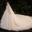 Luxury / Gorgeous Champagne Bridal Wedding Dresses 2020 Ball Gown See-through Scoop Neck 3/4 Sleeve Backless Appliques Lace Beading Rhinestone Glitter Tulle Royal Train Ruffle