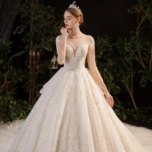 Luxury / Gorgeous Champagne Bridal Wedding Dresses 2020 Ball Gown See-through Scoop Neck 3/4 Sleeve Backless Appliques Lace Beading Rhinestone Glitter Tulle Royal Train Ruffle