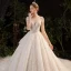 Luxury / Gorgeous Champagne Bridal Wedding Dresses 2020 Ball Gown See-through Scoop Neck 3/4 Sleeve Backless Appliques Lace Beading Rhinestone Glitter Tulle Royal Train Ruffle