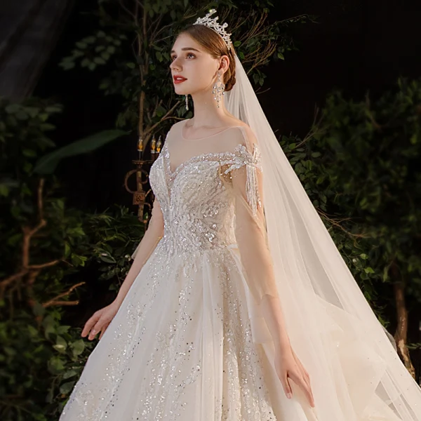Luxury / Gorgeous Champagne Bridal Wedding Dresses 2020 Ball Gown See-through Scoop Neck 3/4 Sleeve Backless Appliques Lace Beading Rhinestone Glitter Tulle Royal Train Ruffle