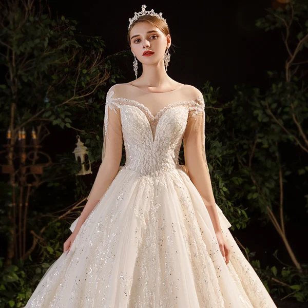 Luxury / Gorgeous Champagne Bridal Wedding Dresses 2020 Ball Gown See-through Scoop Neck 3/4 Sleeve Backless Appliques Lace Beading Rhinestone Glitter Tulle Royal Train Ruffle