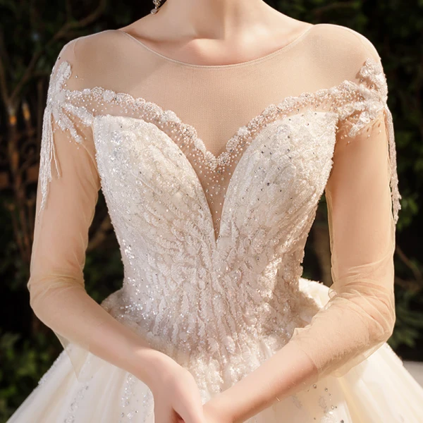 Luxury / Gorgeous Champagne Bridal Wedding Dresses 2020 Ball Gown See-through Scoop Neck 3/4 Sleeve Backless Appliques Lace Beading Rhinestone Glitter Tulle Royal Train Ruffle
