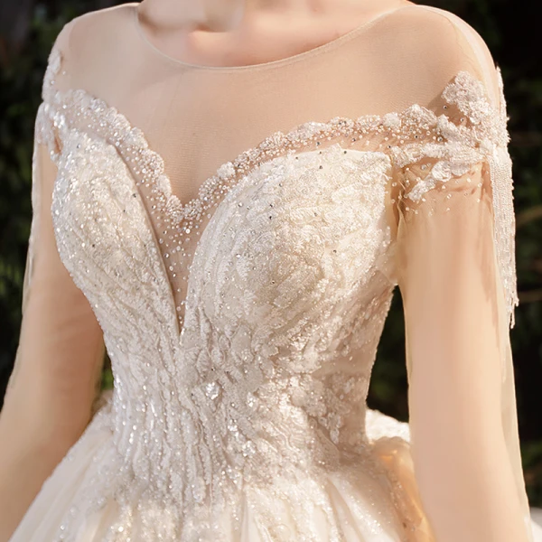 Luxury / Gorgeous Champagne Bridal Wedding Dresses 2020 Ball Gown See-through Scoop Neck 3/4 Sleeve Backless Appliques Lace Beading Rhinestone Glitter Tulle Royal Train Ruffle