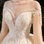 Luxury / Gorgeous Champagne Bridal Wedding Dresses 2020 Ball Gown See-through Scoop Neck 3/4 Sleeve Backless Appliques Lace Beading Rhinestone Glitter Tulle Royal Train Ruffle