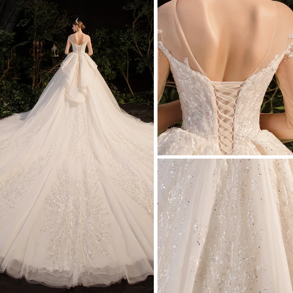 Luxury / Gorgeous Champagne Bridal Wedding Dresses 2020 Ball Gown See-through Scoop Neck 3/4 Sleeve Backless Appliques Lace Beading Rhinestone Glitter Tulle Royal Train Ruffle
