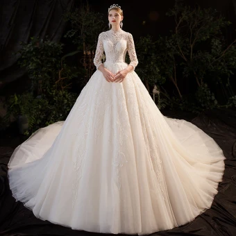 Illusion Champagne Bridal Wedding Dresses 2020 Ball Gown High Neck 3 4 Sleeve Backless Beading Glitter Tulle Royal Train Ruffle