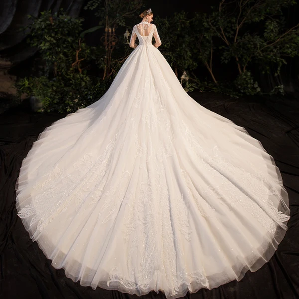 Illusion Champagne Bridal Wedding Dresses 2020 Ball Gown High Neck 3/4 Sleeve Backless Beading Glitter Tulle Royal Train Ruffle