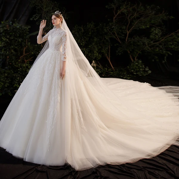 Illusion Champagne Bridal Wedding Dresses 2020 Ball Gown High Neck 3/4 Sleeve Backless Beading Glitter Tulle Royal Train Ruffle