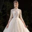 Illusion Champagne Bridal Wedding Dresses 2020 Ball Gown High Neck 3/4 Sleeve Backless Beading Glitter Tulle Royal Train Ruffle