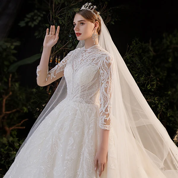 Illusion Champagne Bridal Wedding Dresses 2020 Ball Gown High Neck 3/4 Sleeve Backless Beading Glitter Tulle Royal Train Ruffle