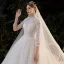 Illusion Champagne Bridal Wedding Dresses 2020 Ball Gown High Neck 3/4 Sleeve Backless Beading Glitter Tulle Royal Train Ruffle