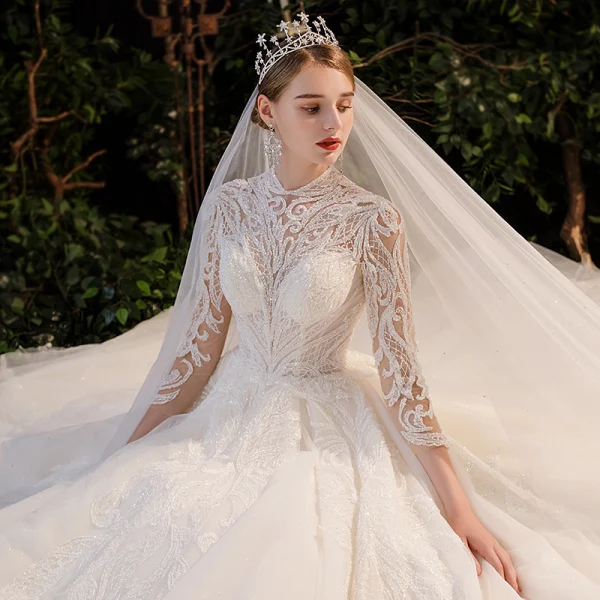 Illusion Champagne Bridal Wedding Dresses 2020 Ball Gown High Neck 3/4 Sleeve Backless Beading Glitter Tulle Royal Train Ruffle