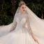 Illusion Champagne Bridal Wedding Dresses 2020 Ball Gown High Neck 3/4 Sleeve Backless Beading Glitter Tulle Royal Train Ruffle