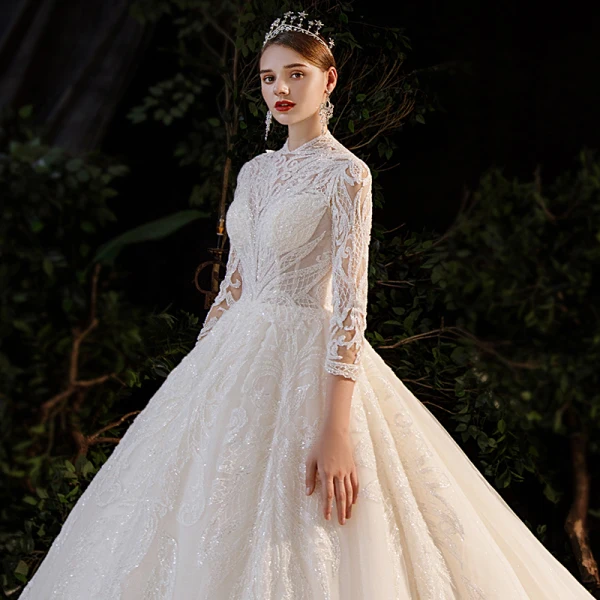 Illusion Champagne Bridal Wedding Dresses 2020 Ball Gown High Neck 3/4 Sleeve Backless Beading Glitter Tulle Royal Train Ruffle