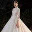 Illusion Champagne Bridal Wedding Dresses 2020 Ball Gown High Neck 3/4 Sleeve Backless Beading Glitter Tulle Royal Train Ruffle