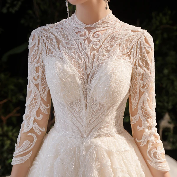 Illusion Champagne Bridal Wedding Dresses 2020 Ball Gown High Neck 3/4 Sleeve Backless Beading Glitter Tulle Royal Train Ruffle