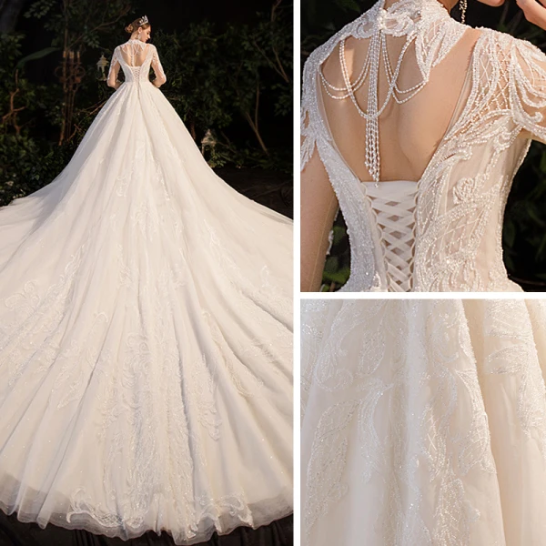 Illusion Champagne Bridal Wedding Dresses 2020 Ball Gown High Neck 3/4 Sleeve Backless Beading Glitter Tulle Royal Train Ruffle