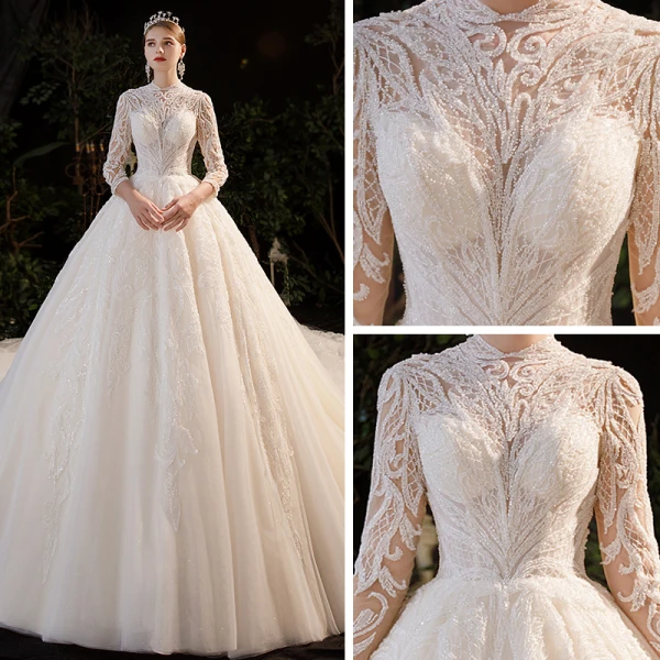 Illusion Champagne Bridal Wedding Dresses 2020 Ball Gown High Neck 3/4 Sleeve Backless Beading Glitter Tulle Royal Train Ruffle
