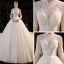 Illusion Champagne Bridal Wedding Dresses 2020 Ball Gown High Neck 3/4 Sleeve Backless Beading Glitter Tulle Royal Train Ruffle
