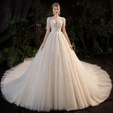 Luxury Gorgeous Champagne Bridal Wedding Dresses 2020 Ball Gown See Through Scoop Neck Short Sleeve Backless Appliques Flower Beading Rhinestone Glitter Tulle Cathedral Train Ruffle